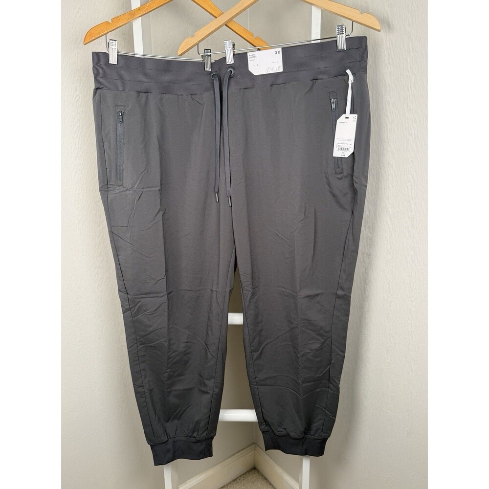 Stylus Joggers Pants Women's 3X Gray Mid Rise Zip Pockets Knit Waist & Cuffs NEW